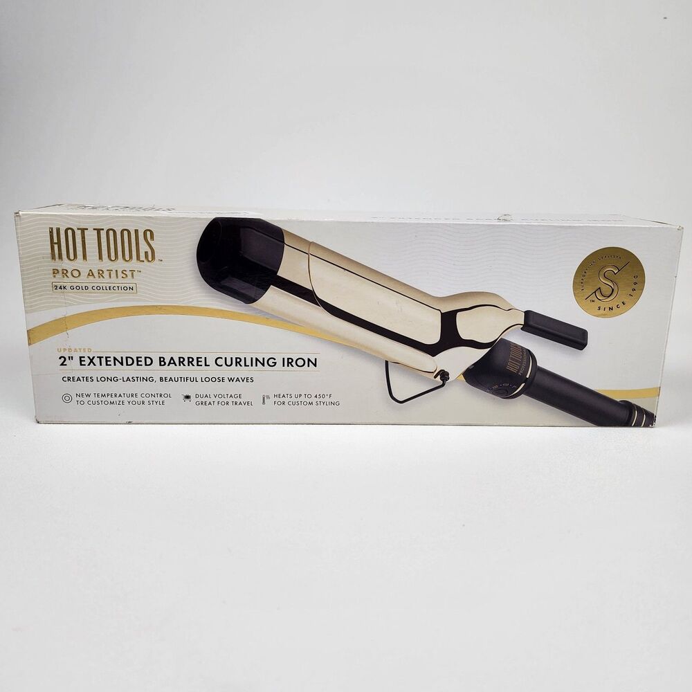 Hot Tools 24K Gold 2” Extended Barrel Curling Iron Professional Clamp